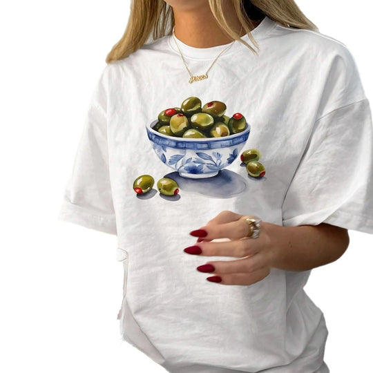 Damen T-Shirt mit kreativem Olivenmotiv EB
