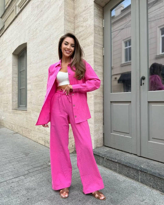 Damen Leichter Leinen-Zweiteiler mit oversized Hemd und High‑Waist Palazzohose EB