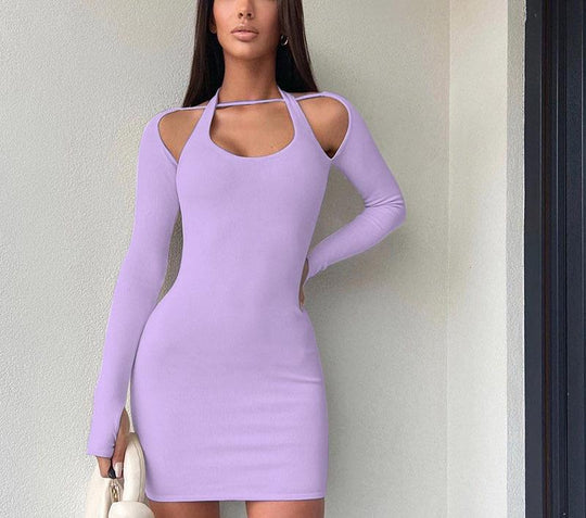 Damen Einseitig Offenes Mini-Kleid mit Langarm EB
