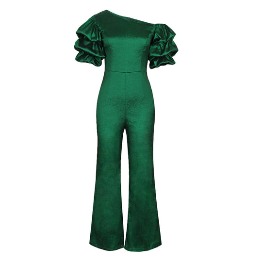 Damen Eleganter Jumpsuit mit asymmetrischen Puffärmeln EB