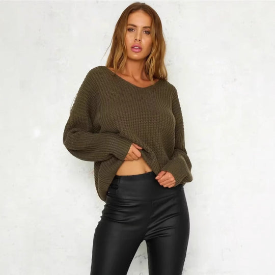 Damen Strickpullover mit tiefem V-Ausschnitt und dekorativem Rückendesign EB