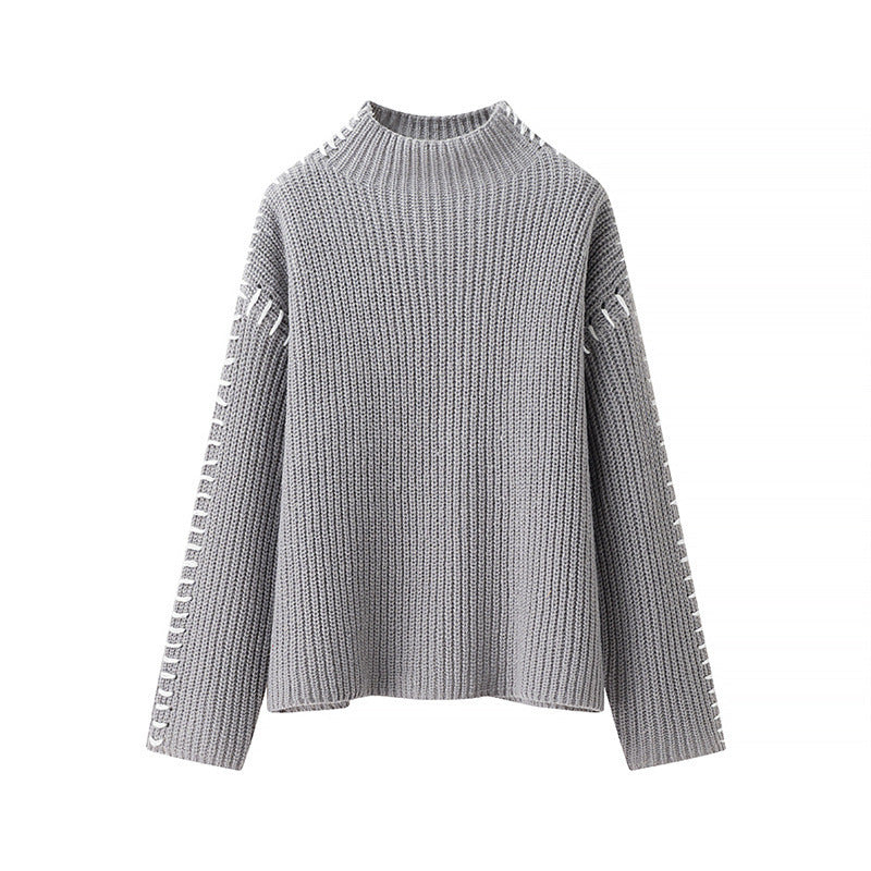 Damen modischer Strickpullover mit hohen Kragen und eleganten Seitendetails EB