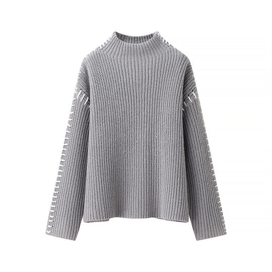 Damen modischer Strickpullover mit hohen Kragen und eleganten Seitendetails EB