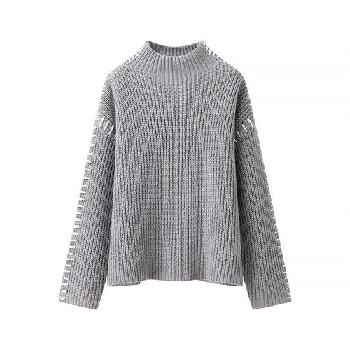 Damen modischer Strickpullover mit hohen Kragen und eleganten Seitendetails EB