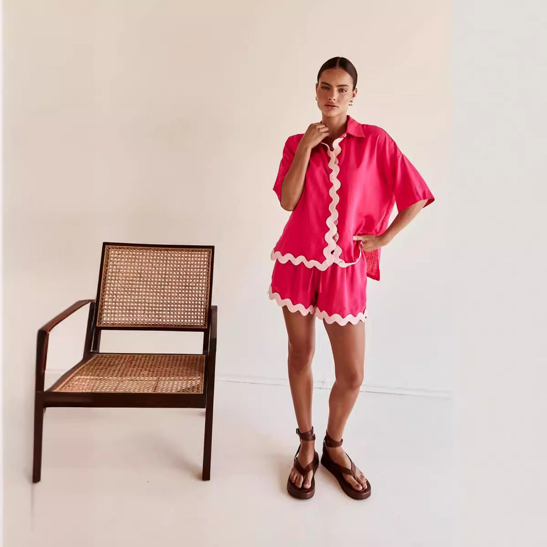 Damen Freizeit Set mit stylischem Kurzarm-Hemd und lässigen Shorts EB