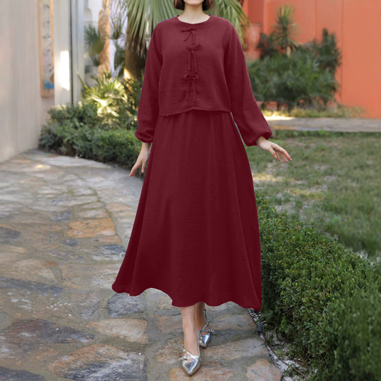 Damen Langes Zweiteiliges Maxikleid mit Überwurf, Rundhals und Zierknoten EB