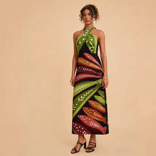 Damen Halterneck Maxikleid mit buntem Blattdesign und schwingendem Schnitt R&B