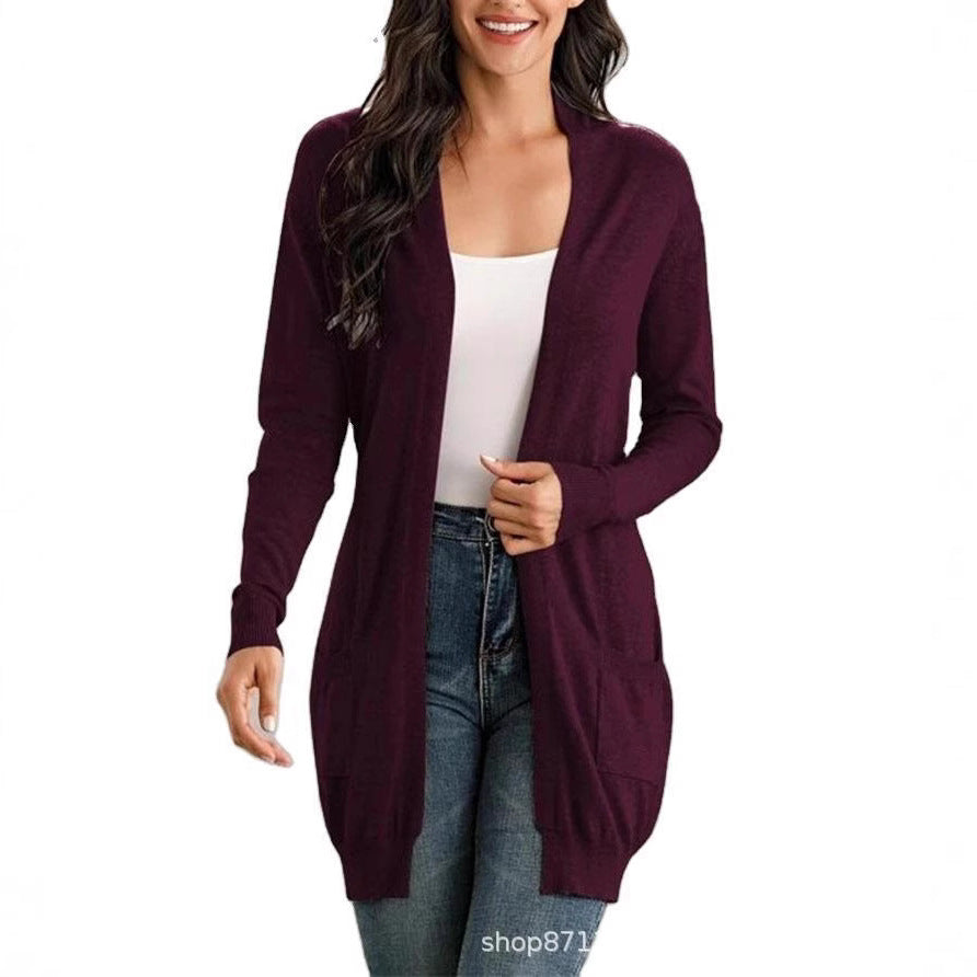 Damen Lange Strickjacke mit offenen Front und praktischen Taschen EB