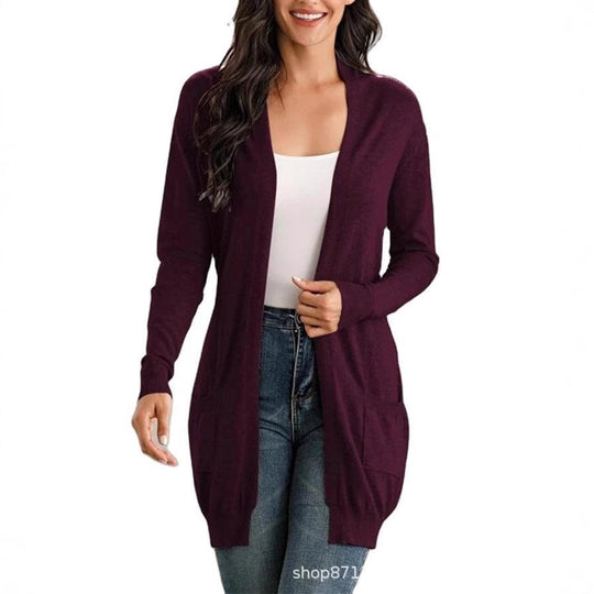 Damen Lange Strickjacke mit offenen Front und praktischen Taschen EB
