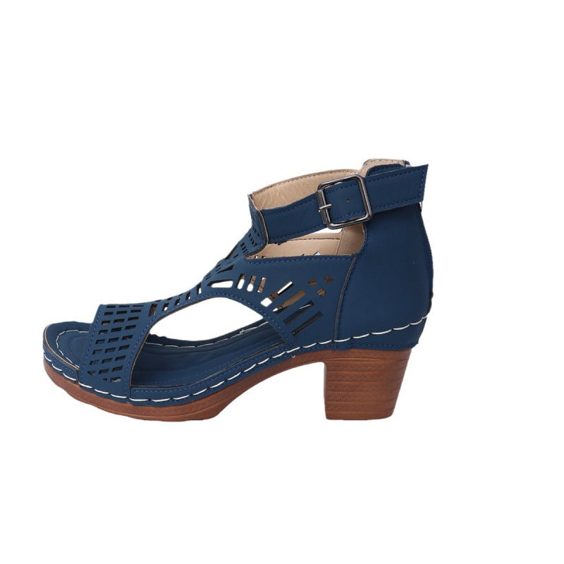 Damen trendige Sandalen mit durchbrochenem Design und Holz-Elementen EB