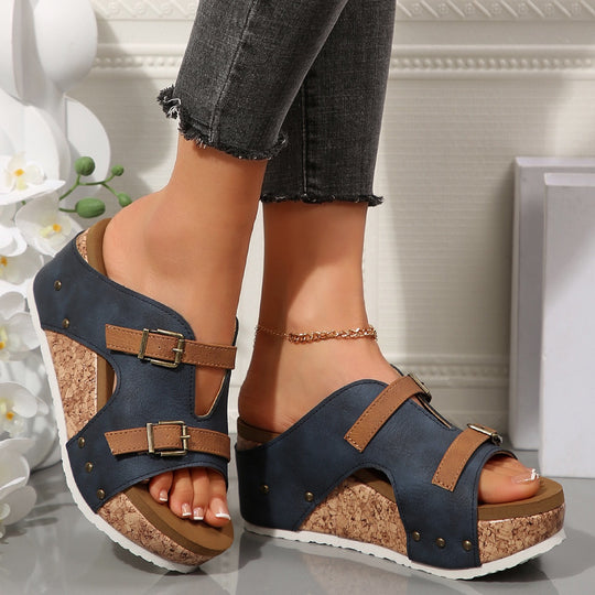 Damen modische Clogs mit Korksohle und dekorativen Schnallen EB