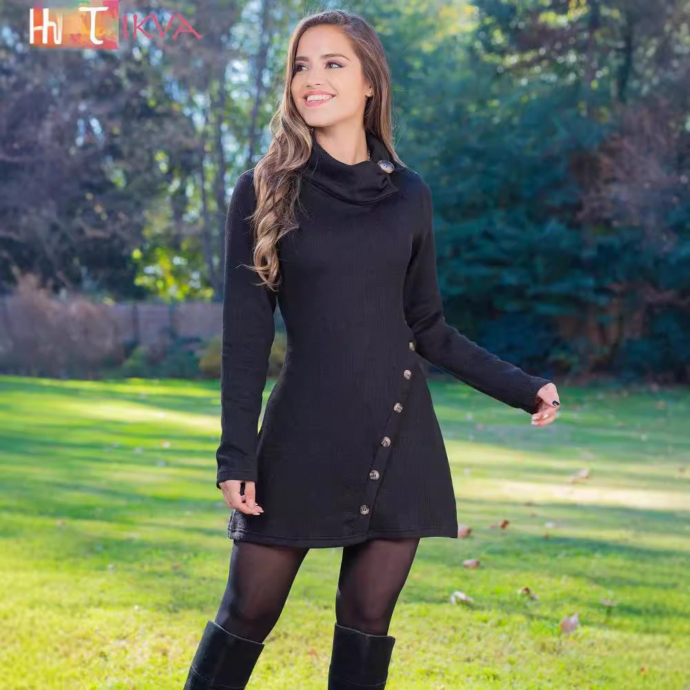 Damen nan figurbetontes A-Linien Strickkleid mit asymmetrischer Zierknopfleiste und hohem Kragen EB