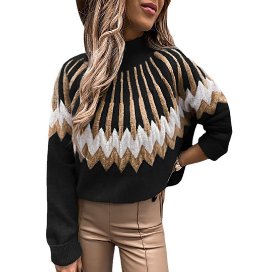 Damen Modischer Grobstrickpullover mit grafikintensivem Design und hohen Kragen EB