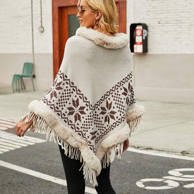 Damen eleganter Poncho mit dekorativem Fransen-Design und Kunstfellbesatz EB