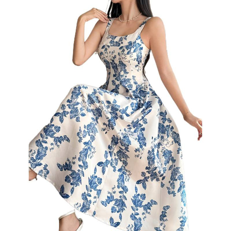 Damen Maxikleid mit romantischem floralem Druck und schmalen Spaghetti-Trägern EB