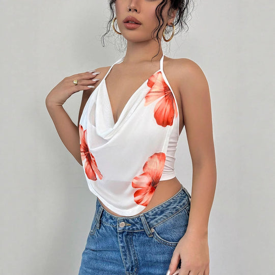 Damen Blusentop mit tiefem V-Ausschnitt und floralem Design EB