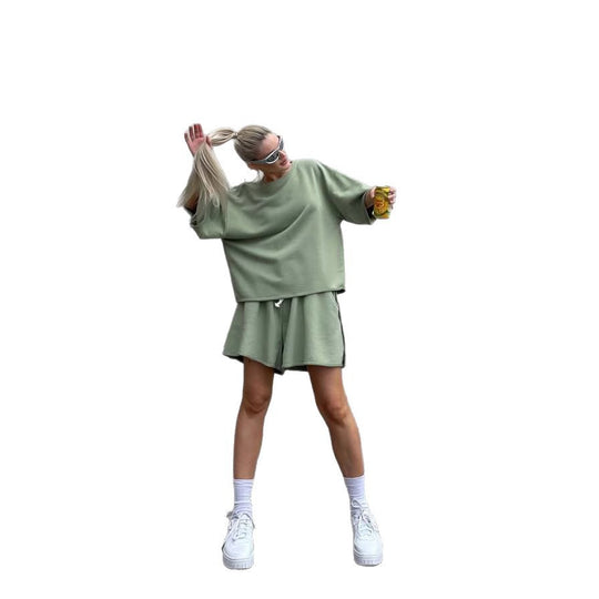Damen lässiges Lounge-Set mit oversized Oberteil und Shorts EB
