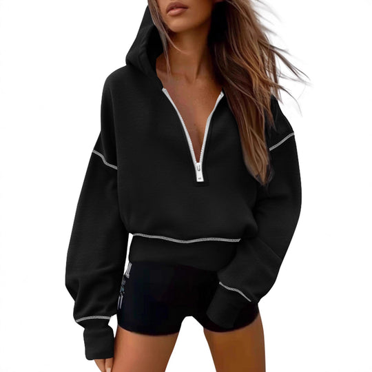 Damen nan cropped Kapuzenpullover mit halbem Reißverschluss und voluminösen Ballonärmeln EB