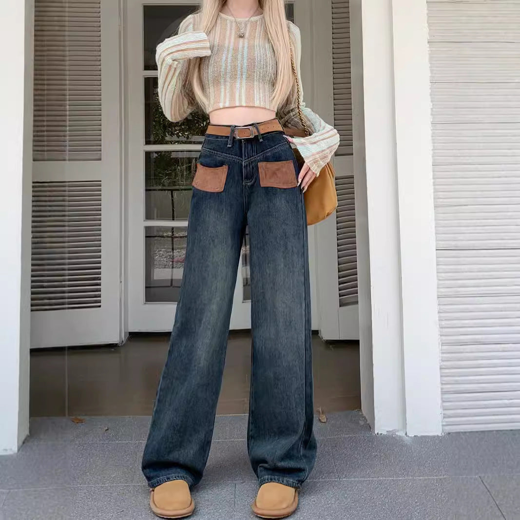 Damen Weite Jeanshose mit modischen Taschen und hohem Bund EB