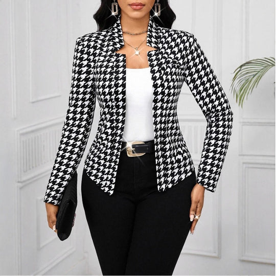 Damen elegante Blazerjacke mit Hahnentrittmuster und tailliertem Schnitt EB