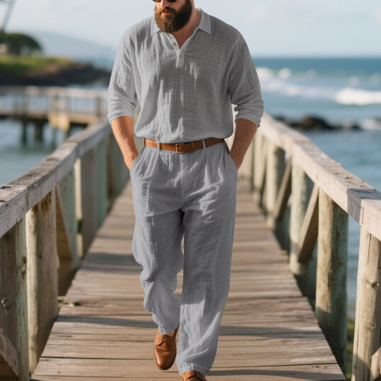 Herren eleganter Freizeit-Jumpsuit mit praktischen Taschen und stylischem Henley-Ausschnitt EB
