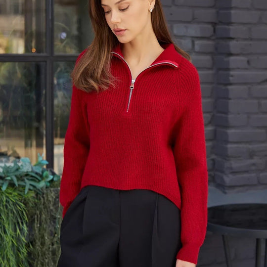 Damen Cozy Pullover mit Kragen und Reißverschluss EB