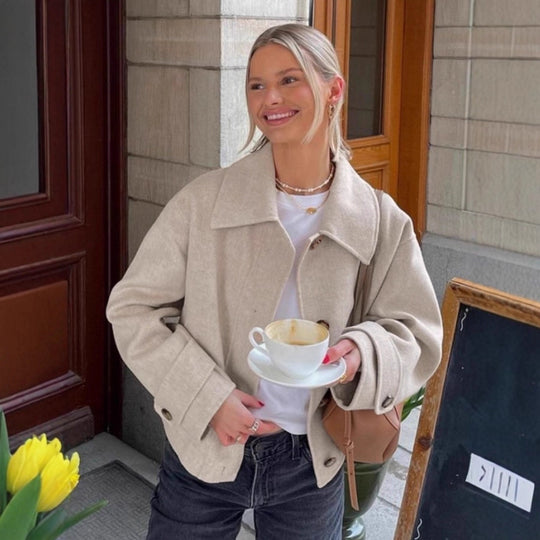 Damen modische Wolljacke mit lässigem Schnitt und Knopfdetails EB