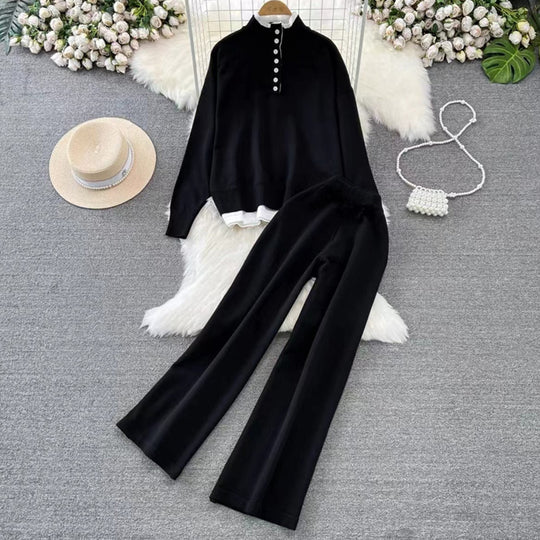 Damen Loungewear-Set mit hoher Rippstruktur und Knopfdetaillierung EB