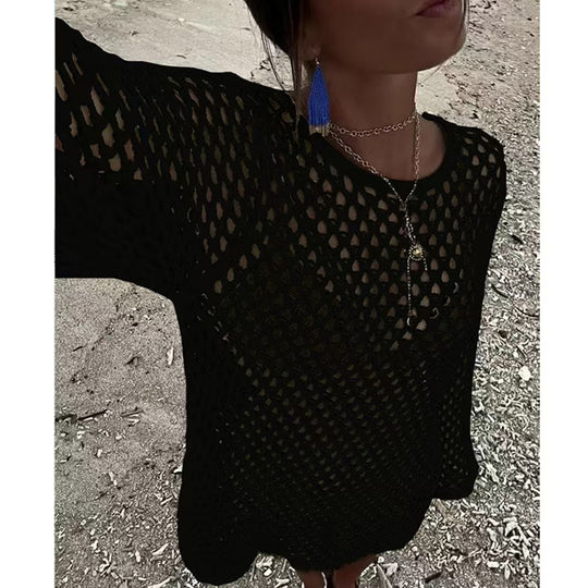 Damen luftiger Häkel-Strandüberwurf mit weiten Ärmeln und asymmetrischem Saum EB
