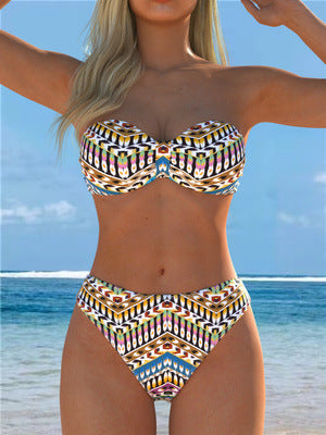 Damen Bandeau-Bikini mit stylischem Ethno-Muster und hohem Taillenschnitt EB