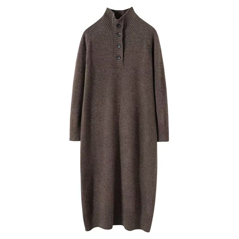 Damen Strickkleid mit Knopfverschluss und hohem Kragen EB
