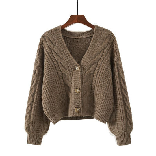 Damen Strickjacke mit ausgefallenem Zopfmuster und tiefem V-Ausschnitt EB