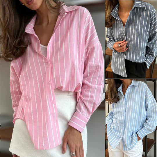 Damen lässige Baumwollbluse mit gestreiftem Design und lockerer Passform EB