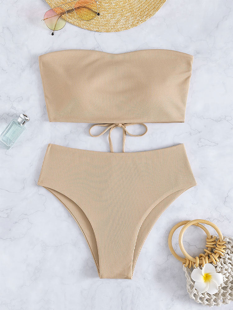 Damen Bandeau-Bikini mit hohem Bund und Rippdesign EB