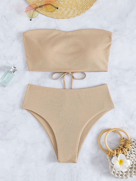 Damen Bandeau-Bikini mit hohem Bund und Rippdesign EB