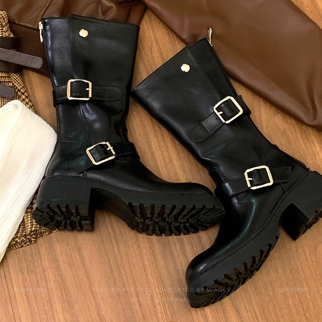 Damen robuste Stiefel mit modischem Schnallen-Design EB
