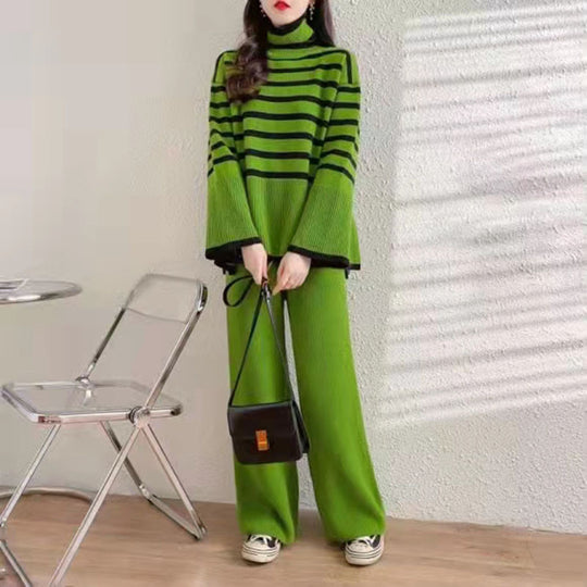 Damen Lässiges Strickensemble mit hohem Kragen und breiten Ärmeln EB