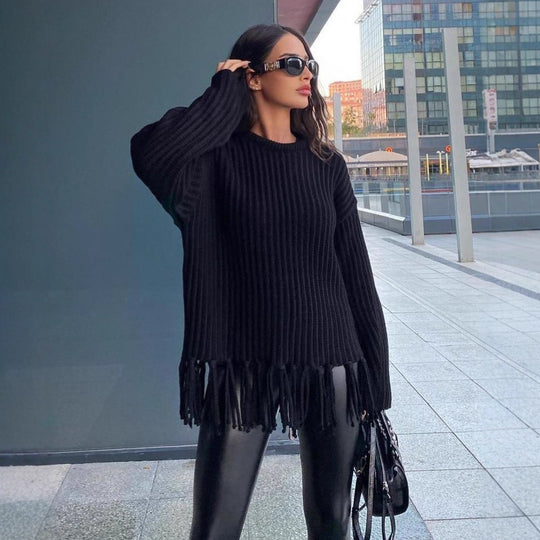 Damen lässiger Rippstrick-Pullover mit Fransen-Saum und Oversize-Silhouette Eichborn Berlin
