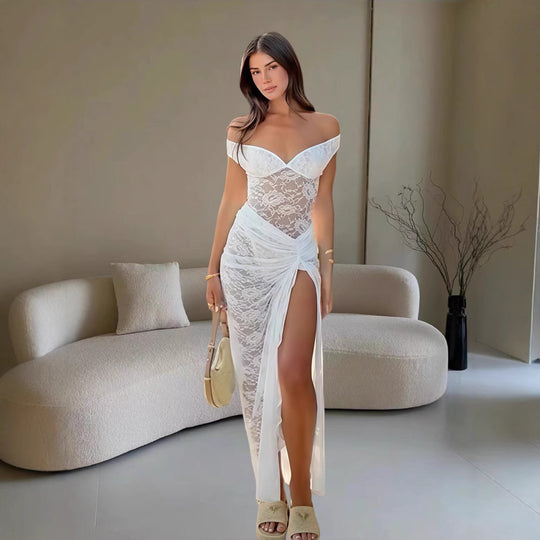 Damen Elegantes Spitzenkleid im Bodycon-Stil mit Off-Shoulder Ausschnitt EB