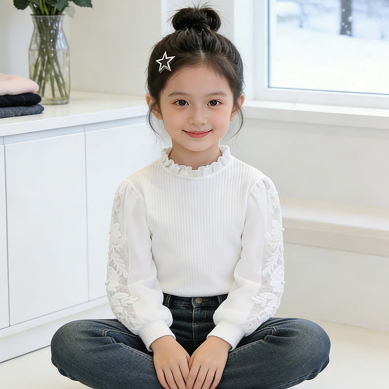 Mädchen elegante Bluse mit Rüschen und bestickten Ärmeln EB