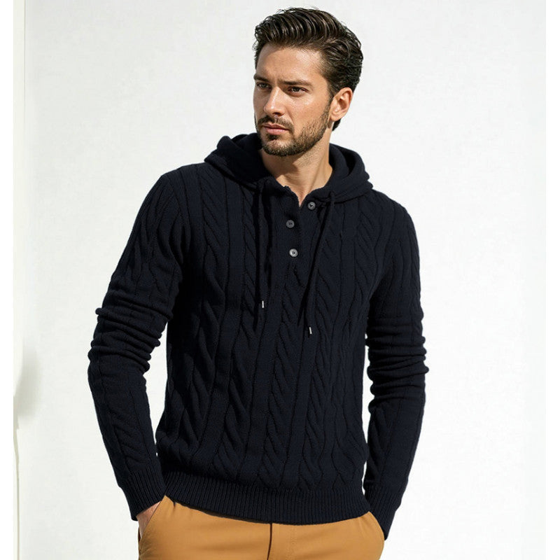 Herren stylischer Strickpullover mit Kapuze und Knopfdetails EB