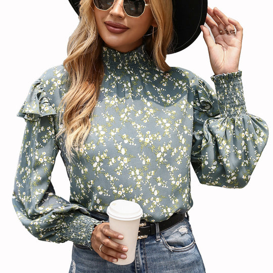 Damen elegante Bluse mit Rüschendetail und hohem Kragen EB