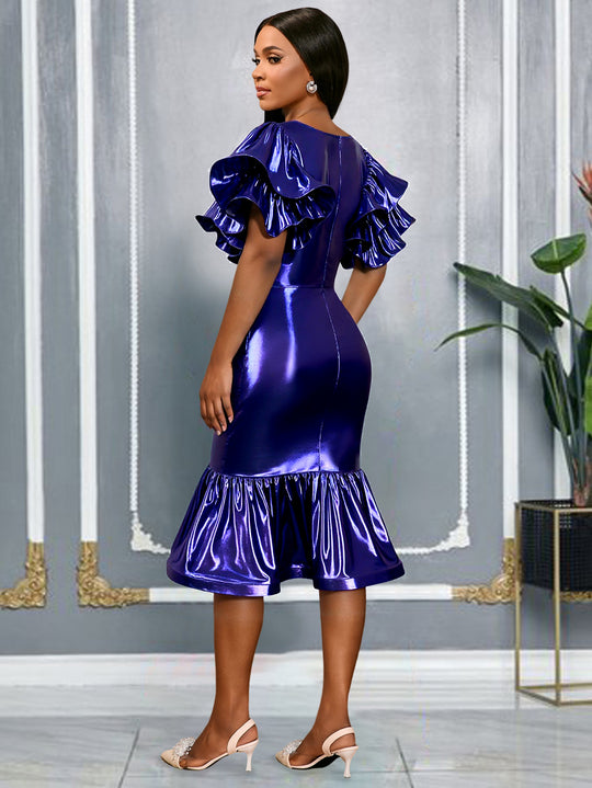 Damen Glamouröses Abendkleid mit voluminösen Rüschenschultern EB