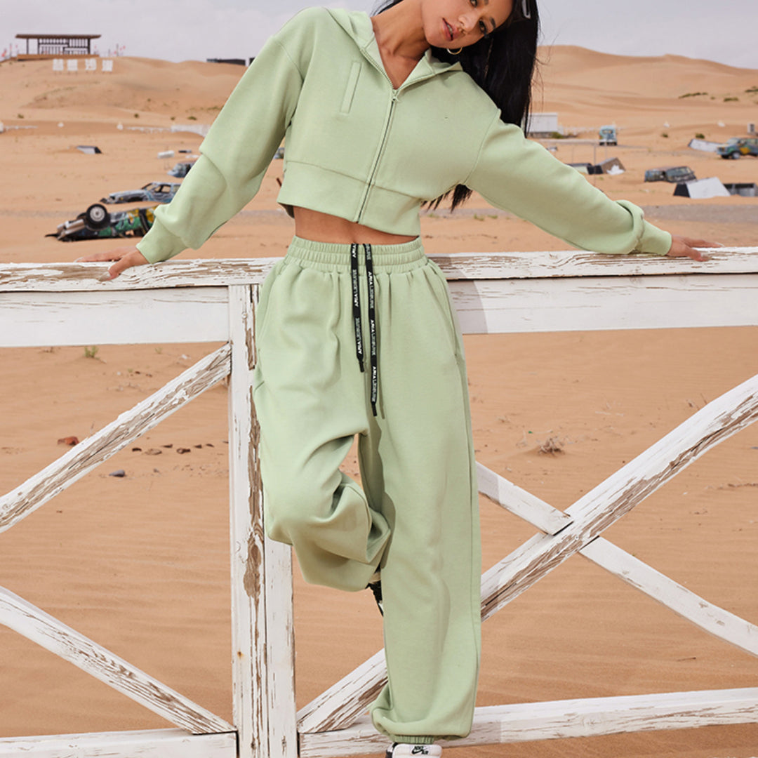 Damen Zweiteiliges Cropped Reißverschluss-Hoodie mit elastischer High-Waist Jogginghose EB