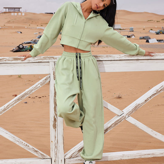 Damen Zweiteiliges Cropped Reißverschluss-Hoodie mit elastischer High-Waist Jogginghose EB