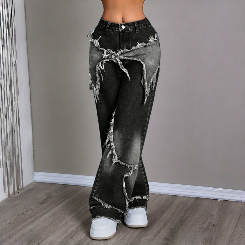 Damen Weite Jeans im modernen Destroyed-Look mit fransigen Details EB