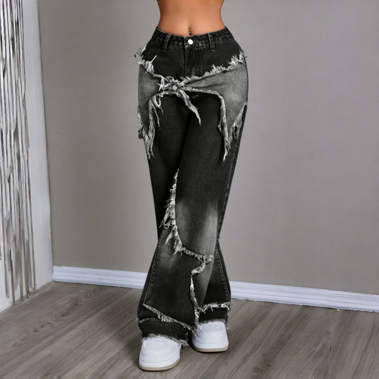 Damen Weite Jeans im modernen Destroyed-Look mit fransigen Details EB