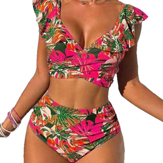 Damen Hoch-tailliertes Badebikini mit verspielten Rüschendetails EB