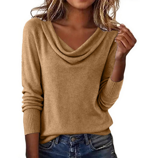 Damen Feiner Strickpullover mit Wasserfallkragen und Rippbündchen EB