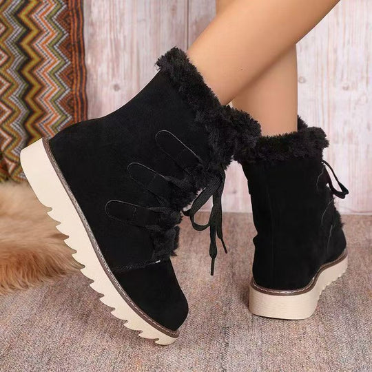 Damen  gefütterte Schnürstiefelette mit Kunstfellkragen, elastischen Schlaufendetails und gezahnter Profilsohle EB
